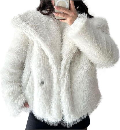 Women’s Faux Fur Short Coat - Elegant Warm Winter Jacket with Lapel Collar