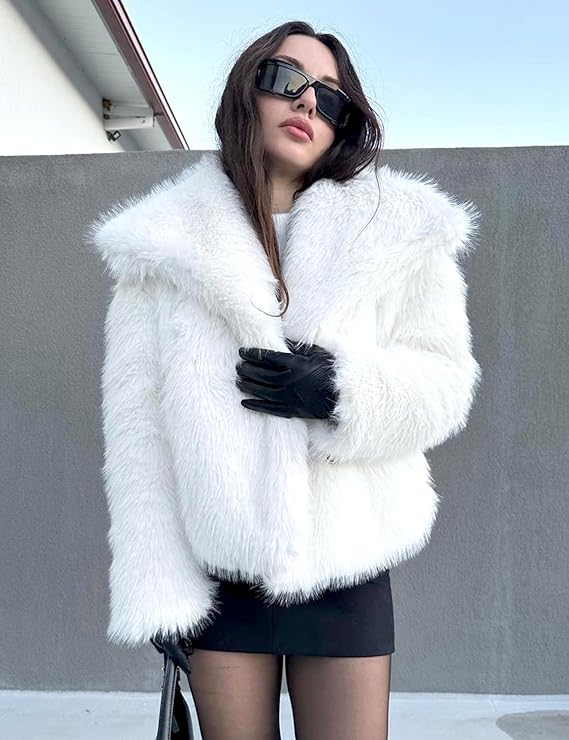 Women’s Faux Fur Short Coat - Elegant Warm Winter Jacket with Lapel Collar