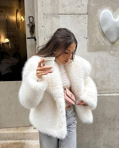 Women’s Faux Fur Short Coat - Elegant Warm Winter Jacket with Lapel Collar