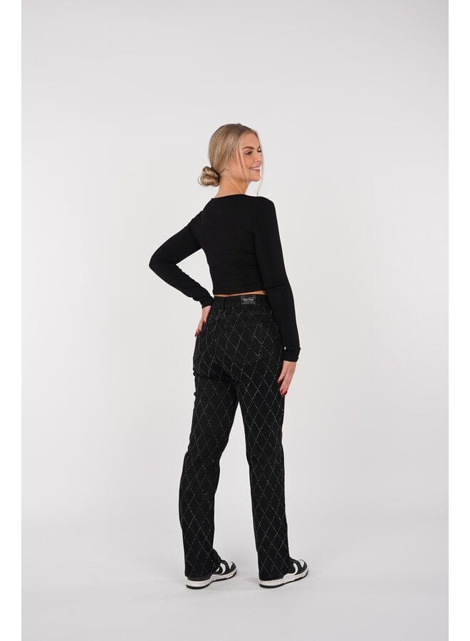 Jean Femme - Motif Losanges - Coupe Droite - Braguette Boutonnée - Style Polyvalent