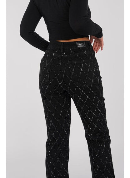 Jean Femme - Motif Losanges - Coupe Droite - Braguette Boutonnée - Style Polyvalent