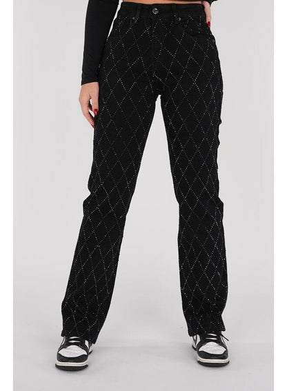 Jean Femme - Motif Losanges - Coupe Droite - Braguette Boutonnée - Style Polyvalent