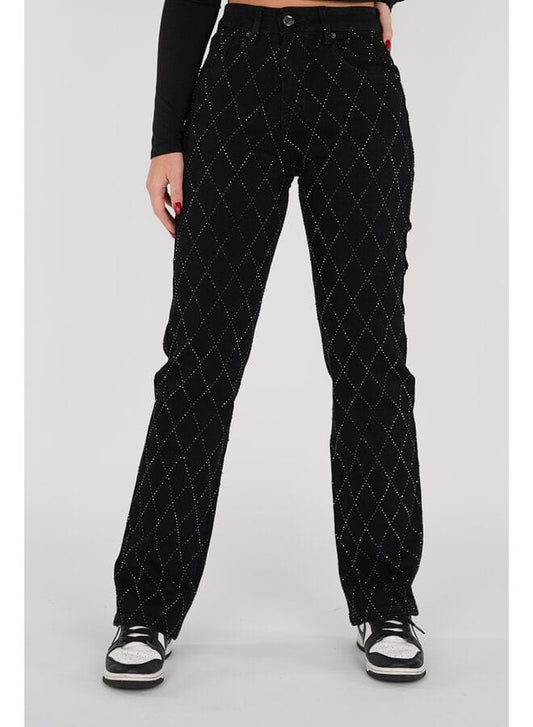 Jean Femme – Motif Losanges – Coupe Droite – Braguette Boutonnée – Style Polyvalent
