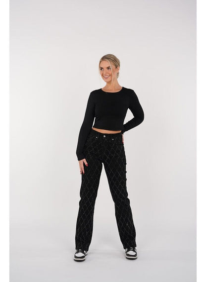 Jean Femme - Motif Losanges - Coupe Droite - Braguette Boutonnée - Style Polyvalent