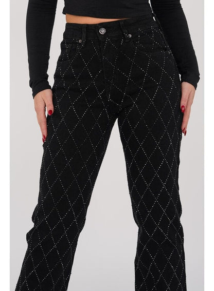 Jean Femme - Motif Losanges - Coupe Droite - Braguette Boutonnée - Style Polyvalent