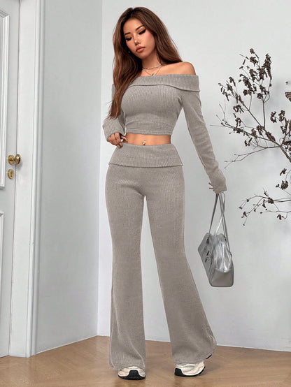 Women’s Off-Shoulder Ribbed Knit 2-Piece Set Crop Top & Flared Pants