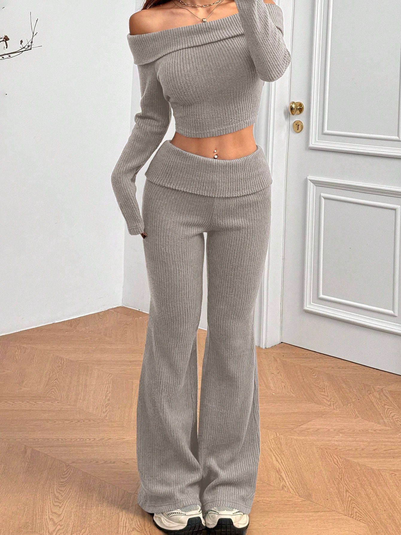 Women’s Off-Shoulder Ribbed Knit 2-Piece Set Crop Top & Flared Pants