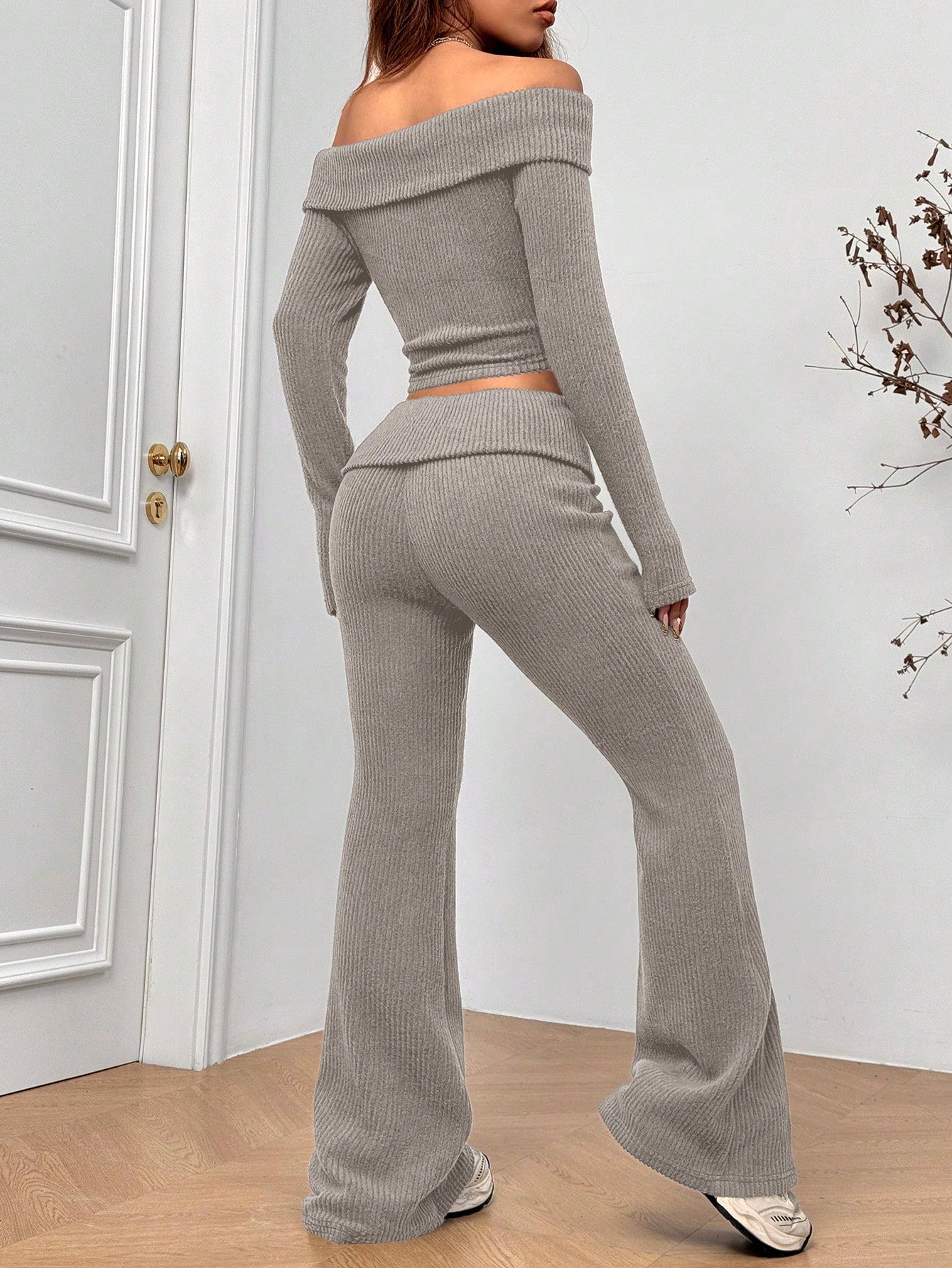 Women’s Off-Shoulder Ribbed Knit 2-Piece Set Crop Top & Flared Pants
