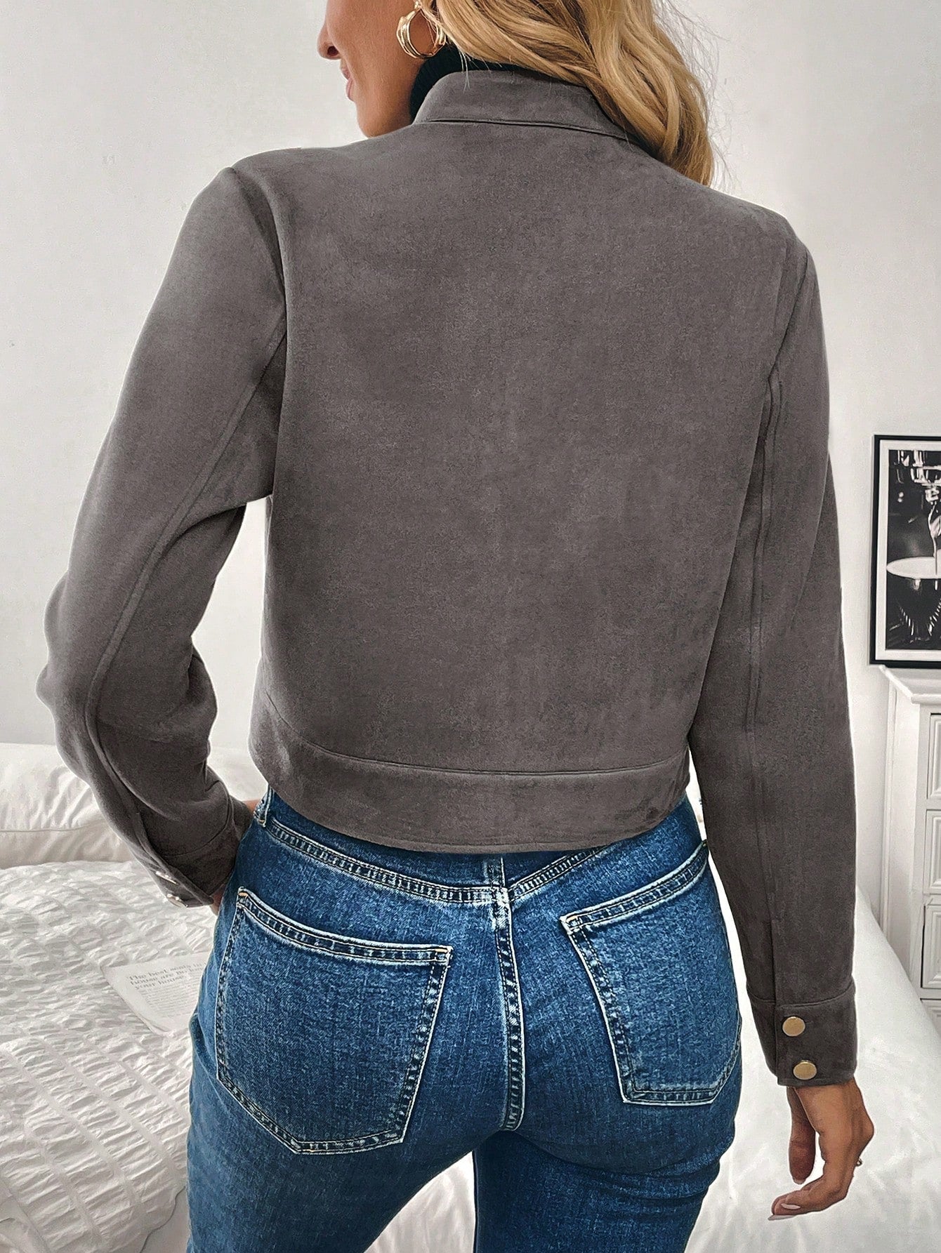 Women’s Black Military-Style Jacket – Short Zip Front Coat