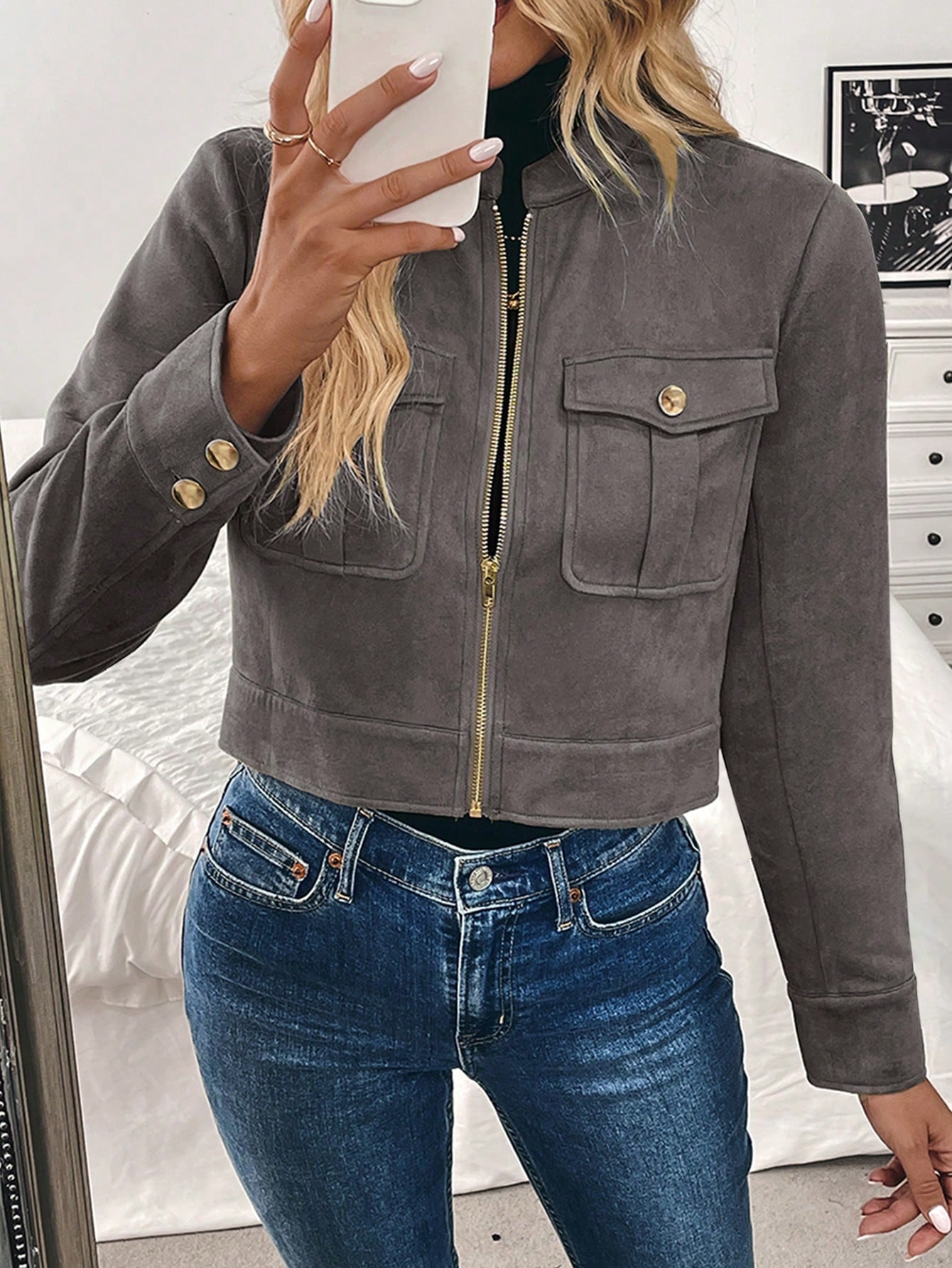 Women’s Black Military-Style Jacket – Short Zip Front Coat