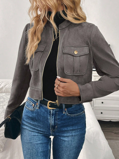 Women’s Black Military-Style Jacket – Short Zip Front Coat