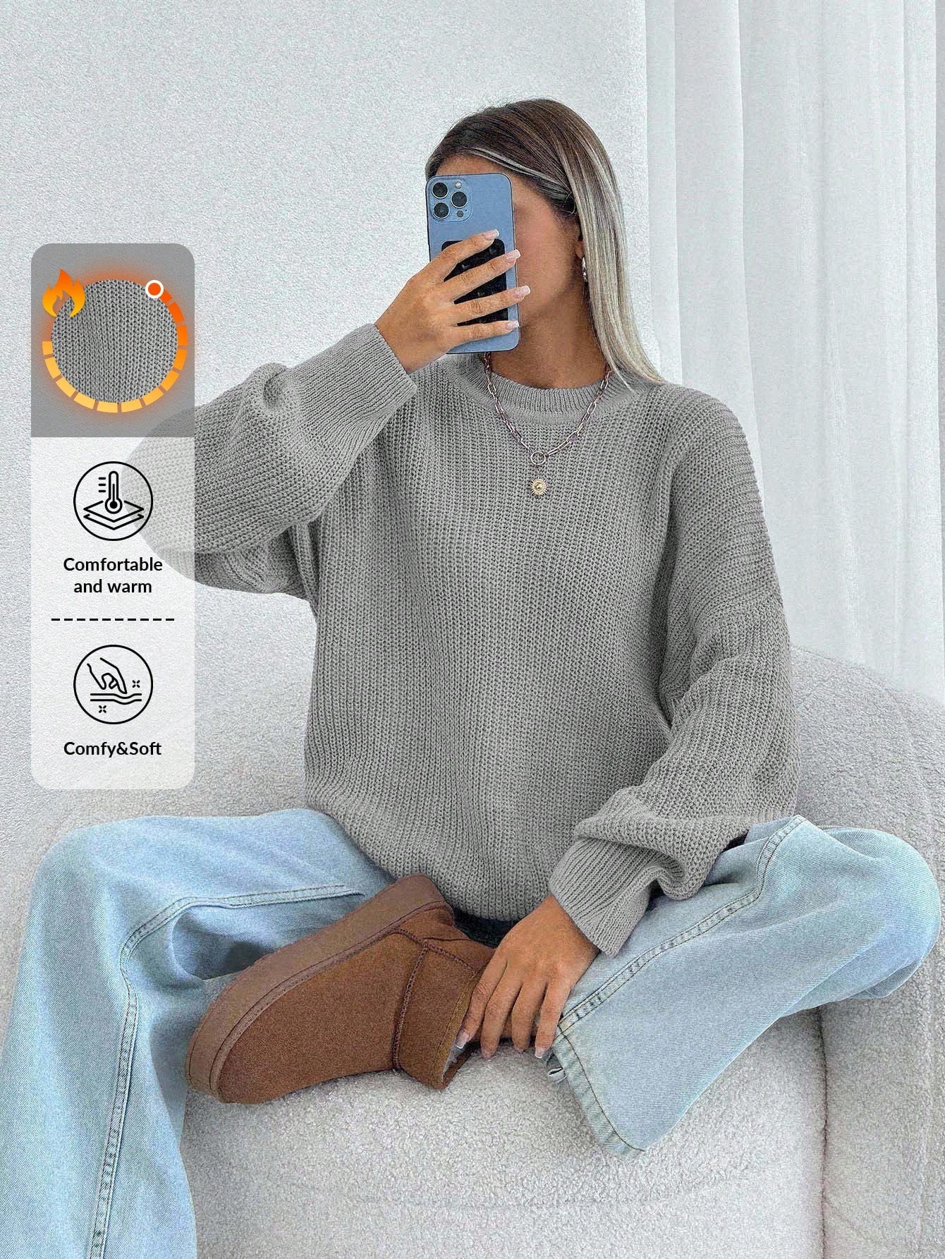 Women Chunky Knit Pullover Sweater – Oversized Drop Shoulder Knitwear