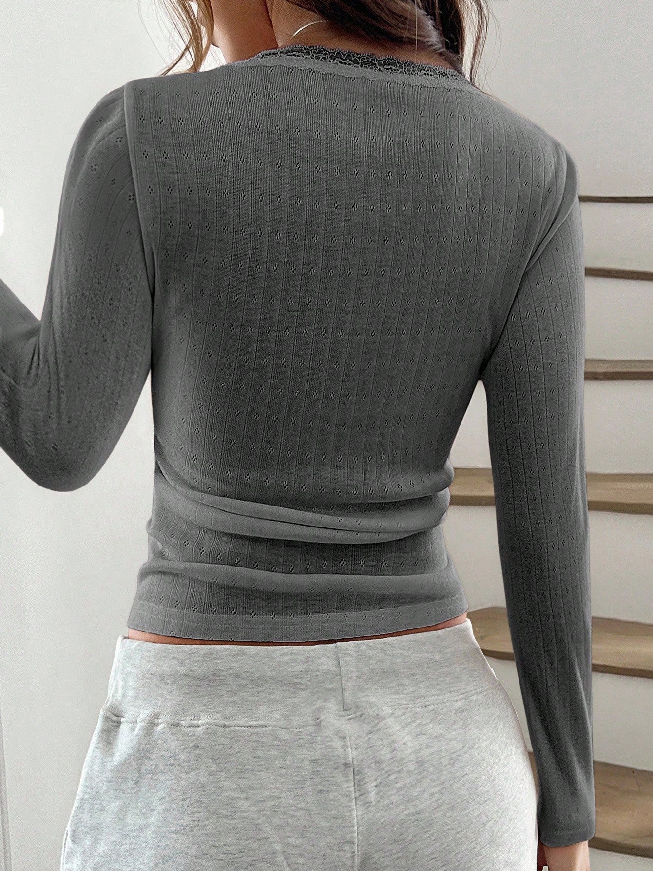 Women’s Lace Trim Long Sleeve Button Top – Slim Fit Ribbed Knit Tee