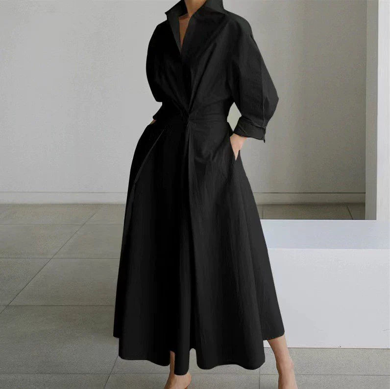 Robe-Chemise à Pois Manches Longues Taille Cintrée et Coupe Évasée Pour Femme