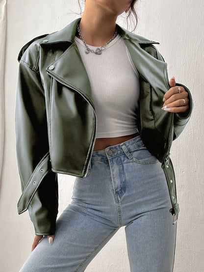 Women’s Street Moto Faux Leather Jacket – Cropped Zip Biker Coat