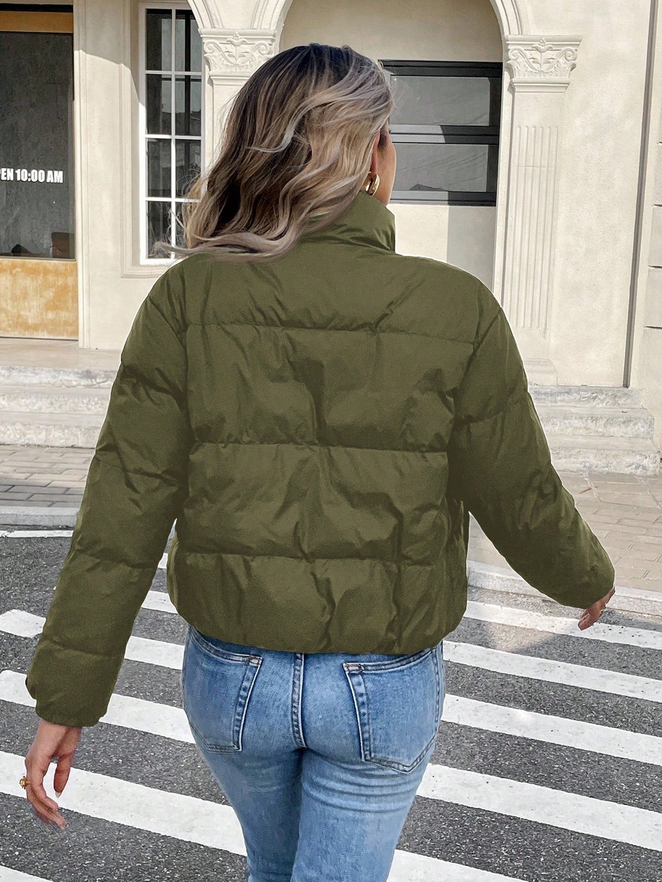 Women’s Thermal Lined Winter Jacket – Zip Front Stand Collar Puffer Coat