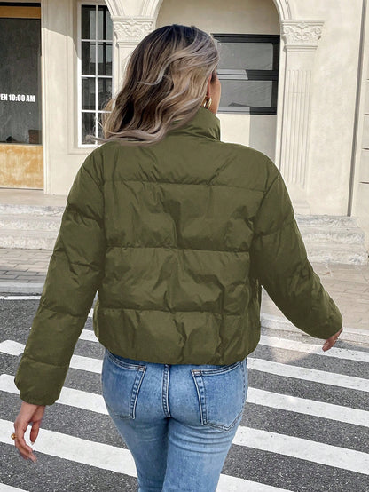 Women’s Thermal Lined Winter Jacket – Zip Front Stand Collar Puffer Coat