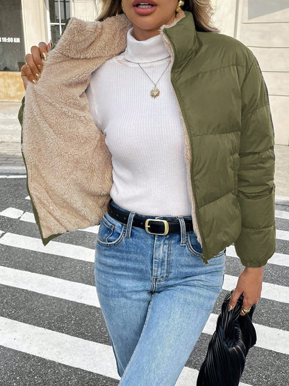 Women’s Thermal Lined Winter Jacket – Zip Front Stand Collar Puffer Coat