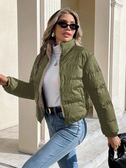 Women’s Thermal Lined Winter Jacket – Zip Front Stand Collar Puffer Coat