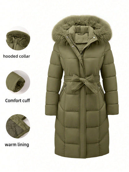 Women’s Luxury Faux Fur Hooded Winter Coat – Thick Warm Quilted Jacket
