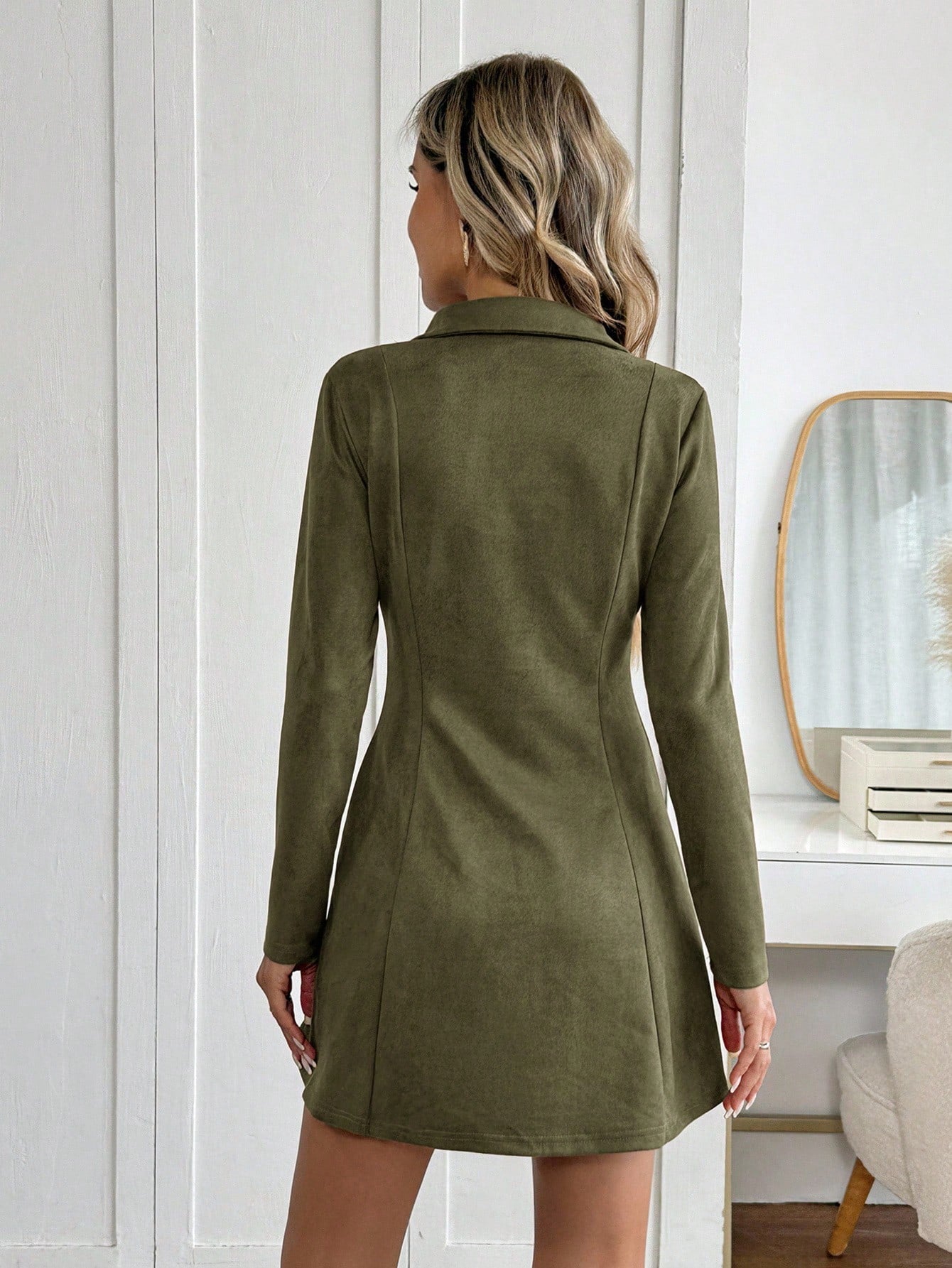 Women’s flared mini dress with V-neck and long sleeves, elegant office and casual wear by Nushes.