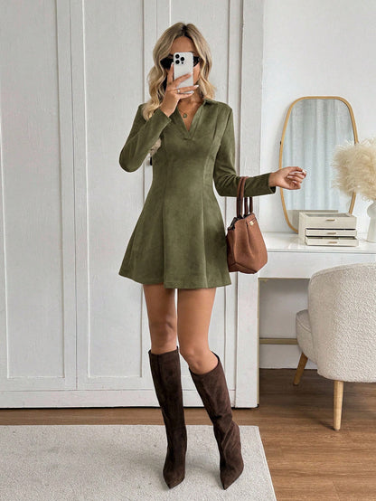 Women’s flared mini dress with V-neck and long sleeves, elegant office and casual wear by Nushes.