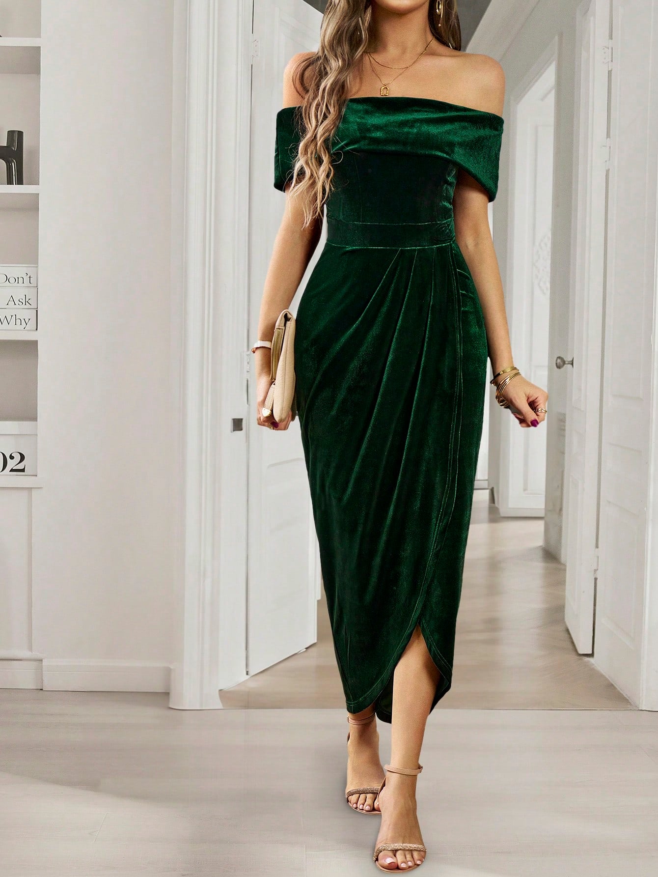 Women’s Elegant Velvet Off-Shoulder Midi Dress – Slim Fit Party Dress with Draped Waist