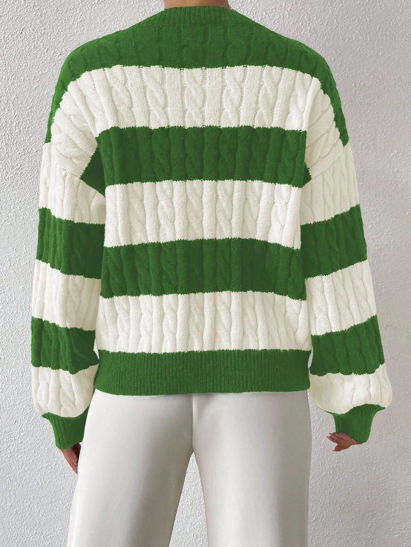 Women’s Two-Tone Cable Knit Sweater Soft Striped Pullover for Winter