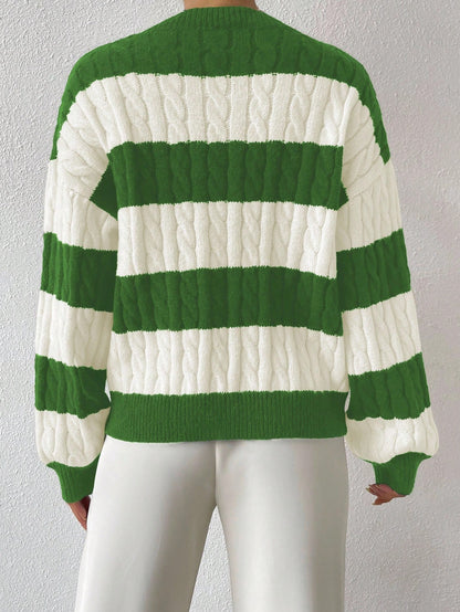 Women’s Two-Tone Cable Knit Sweater Soft Striped Pullover for Winter