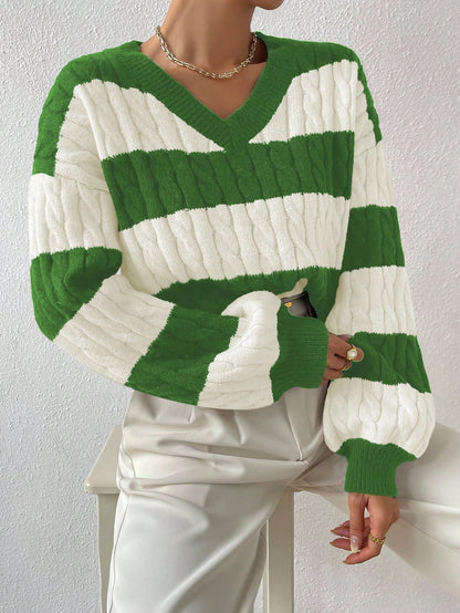 Women’s Two-Tone Cable Knit Sweater Soft Striped Pullover for Winter