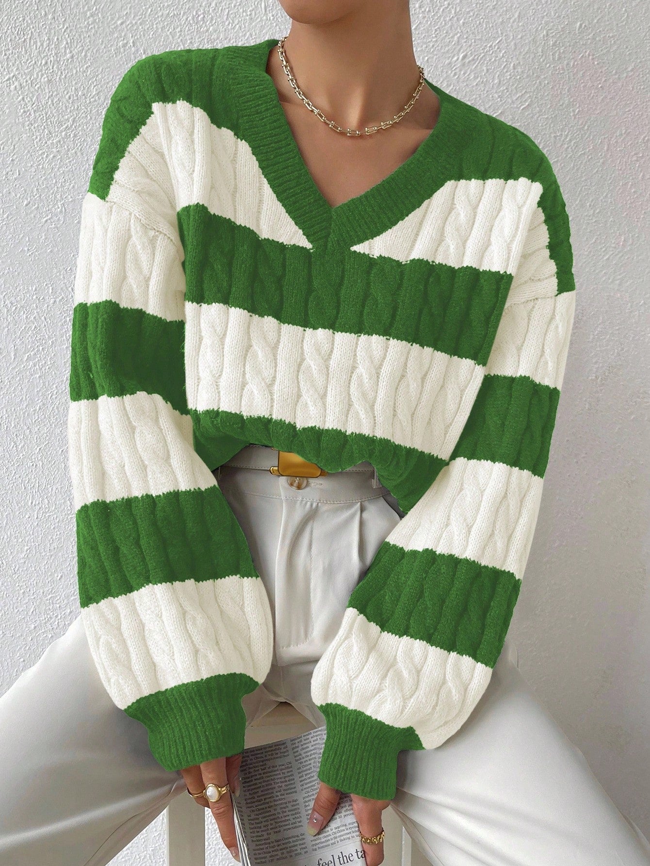 Women’s Two-Tone Cable Knit Sweater Soft Striped Pullover for Winter