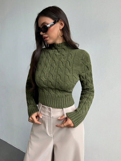 Women’s Cable-Knit Cropped Sweater – Round Neck Long Sleeve Ribbed Pullover