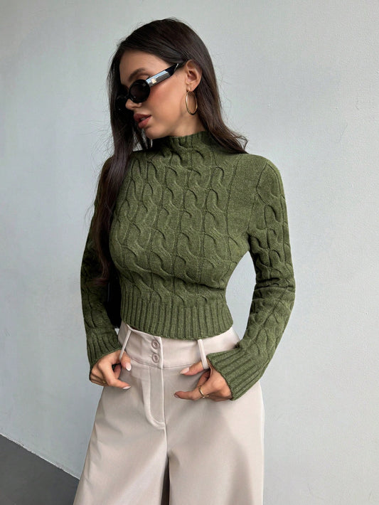 Women’s Cable-Knit Cropped Sweater – Round Neck Long Sleeve Ribbed Pullover