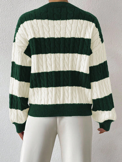Women’s Two-Tone Cable Knit Sweater Soft Striped Pullover for Winter