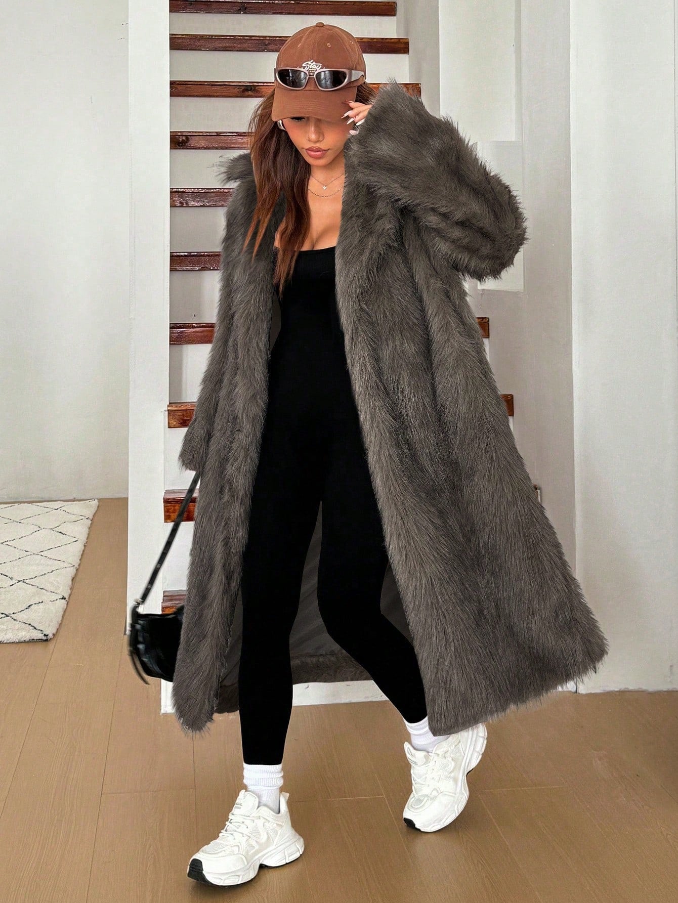 woman wearing long grey faux fur coat winter jacket Nushes 