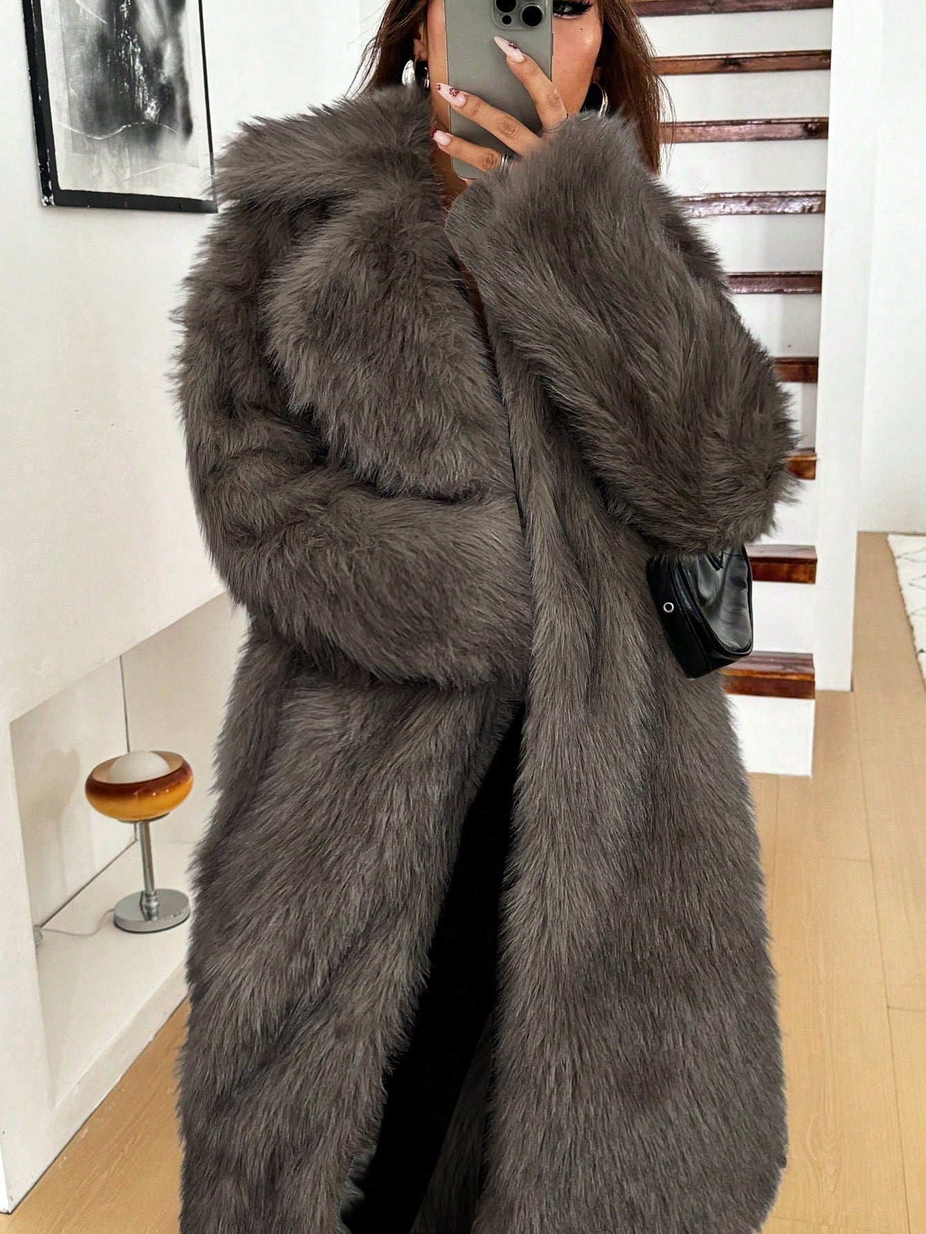 woman wearing long grey faux fur coat winter jacket Nushes 
