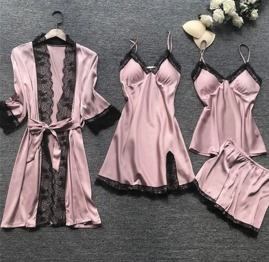 Women's Five-Piece Satin Pajama Set - Lace Trim