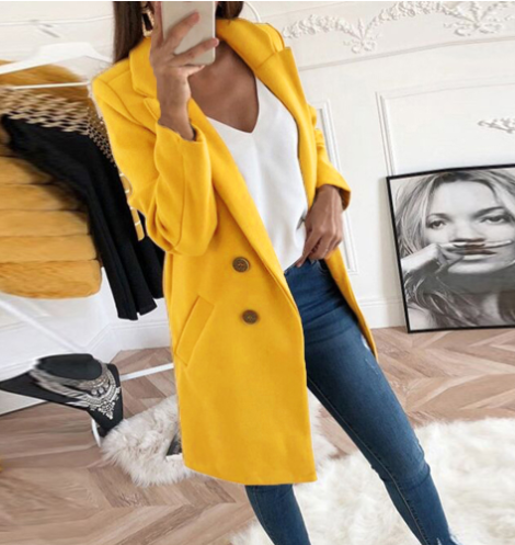 Women's Classic Double Breasted Wool Coat with Chic Collar