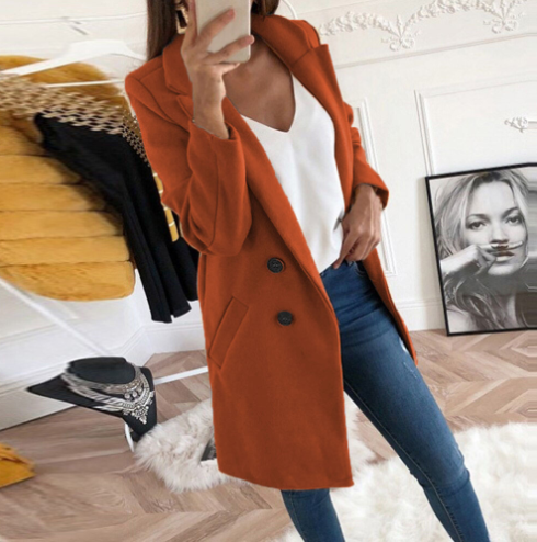 Women's Classic Double Breasted Wool Coat with Chic Collar