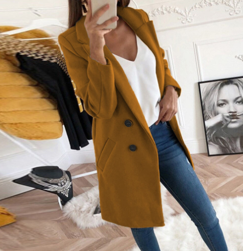 Women's Classic Double Breasted Wool Coat with Chic Collar