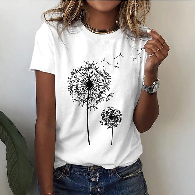 T-shirt Estival en Coton pour Femmes – Coupe Féminine – Imprimé Pissenlit Délicat