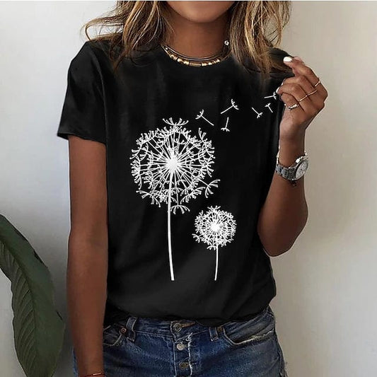 T-shirt Estival en Coton pour Femmes – Coupe Féminine – Imprimé Pissenlit Délicat
