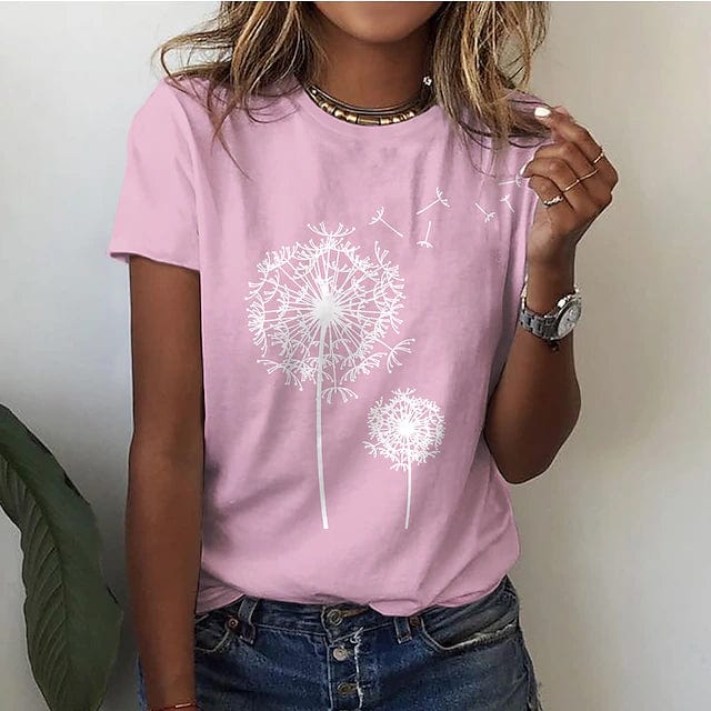 T-shirt Estival en Coton pour Femmes – Coupe Féminine – Imprimé Pissenlit Délicat