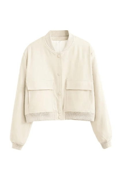 Women's Ribbed Collar Button-Down Cropped Varsity Jacket