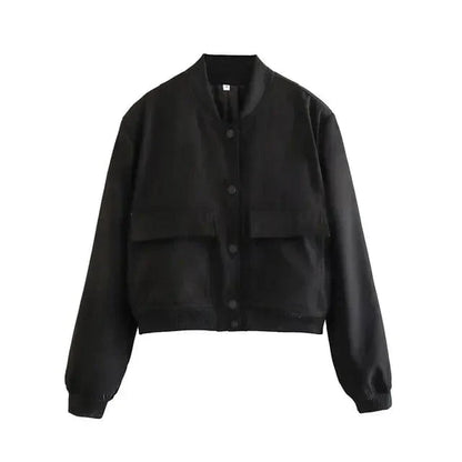 Women's Ribbed Collar Button-Down Cropped Varsity Jacket