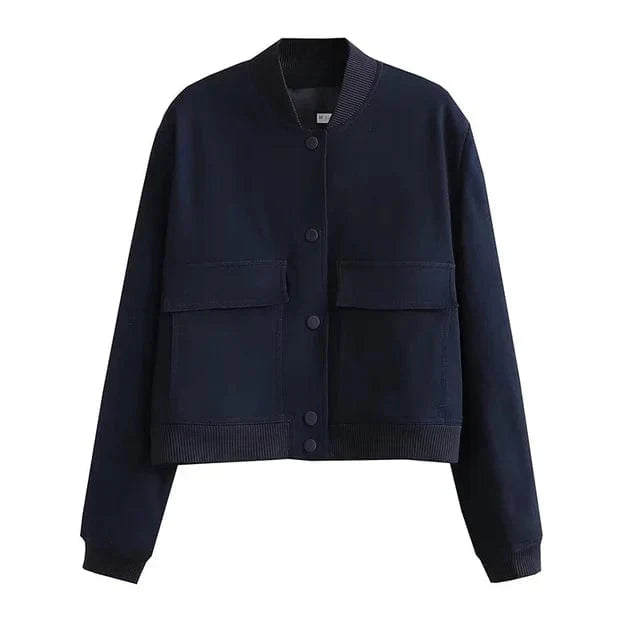 Women's Ribbed Collar Button-Down Cropped Varsity Jacket
