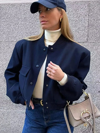 Women's Ribbed Collar Button-Down Cropped Varsity Jacket