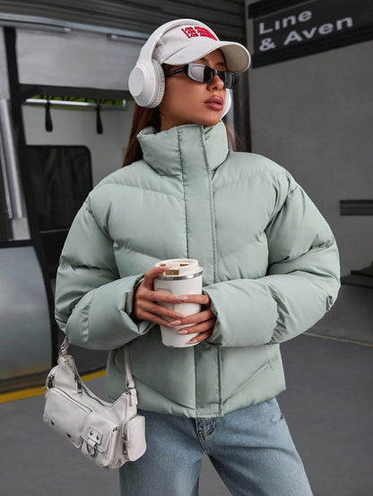 Women’s High Neck Puffer Winter Coat – Thick Warm Zip Jacket with Pockets