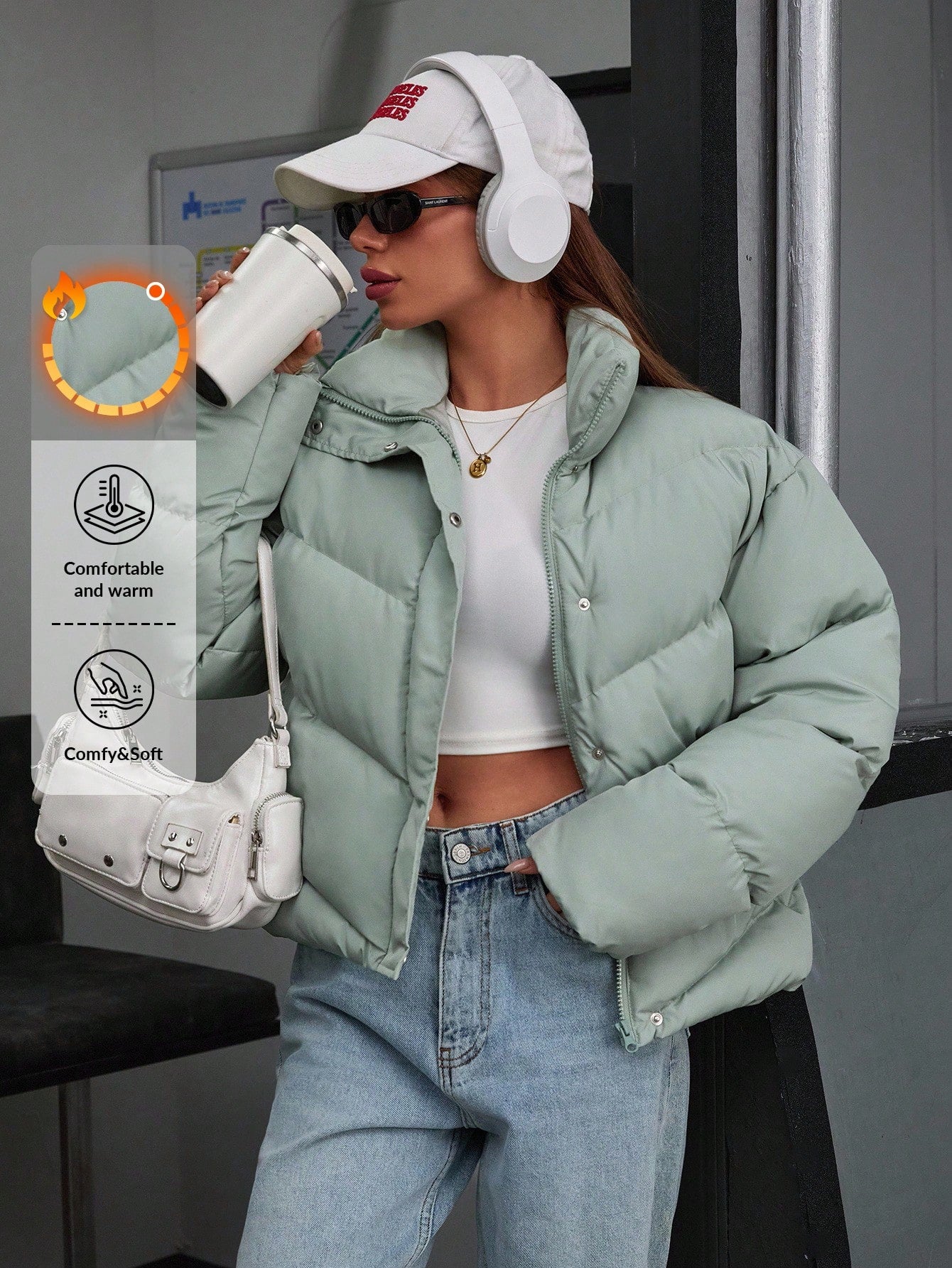 Women’s High Neck Puffer Winter Coat – Thick Warm Zip Jacket with Pockets