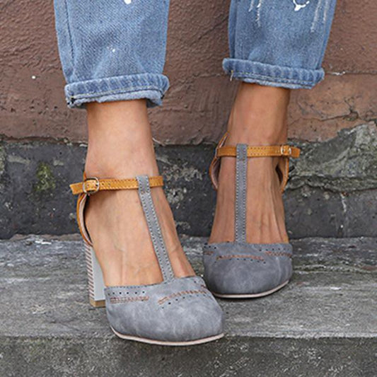 Women's Elegant T-Strap Pumps with Perforated Toe and Suede Finish